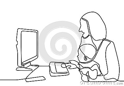 One continuous drawn line of a woman working in her home with a child on her hands painted by hand silhouette picture. Young Vector Illustration
