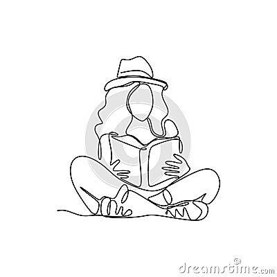 one continuous drawn line young girl reading a book hand-drawn picture silhouette vector design Vector Illustration