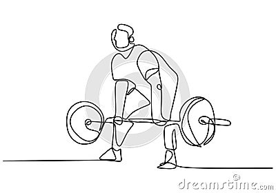 One continuous drawn weightlifter line drawn from the hand a picture of the silhouette. Young athlete muscular man lifting Vector Illustration
