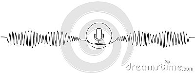 One continuous editable linear music player soundbar template with microphone button. Sound wave, podcast in line art Vector Illustration