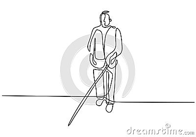 One continuous line art of a blind man is walking on the street with his stick. Young man was crossing the road with the help of Vector Illustration