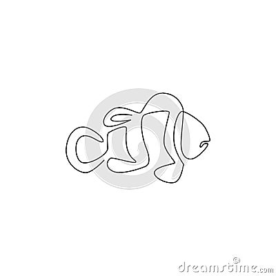 One continuous line drawing of adorable clown fish for sea water aquarium logo identity. Stripped anemonefish mascot concept for Cartoon Illustration