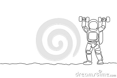One continuous line drawing of astronaut exercising lifting dumbbell in moon cosmic galaxy. Outer space sport and lifestyle Vector Illustration