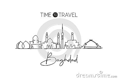 One continuous line drawing of Baghdad city skyline, Iraq. Beautiful city landmark. World landscape tourism and travel vacation. Vector Illustration