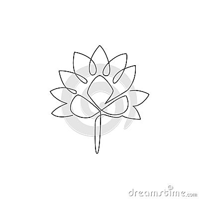 One continuous line drawing of beauty fresh lotus for spa business logo. Printable poster decorative garden water lily flower Vector Illustration