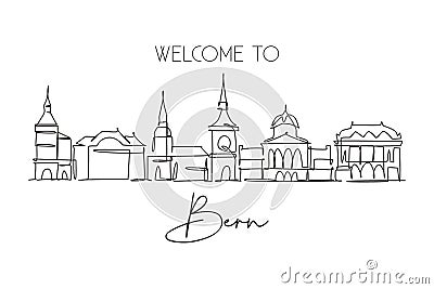 One continuous line drawing of Bern city skyline, Switzerland. Beautiful city skyscraper postcard. World landscape tourism travel Vector Illustration