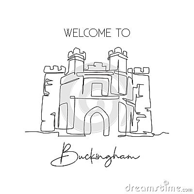 One continuous line drawing Buckingham Old Gaol landmark. Old palace in Buckingham, England. Holiday vacation home wall decor Vector Illustration