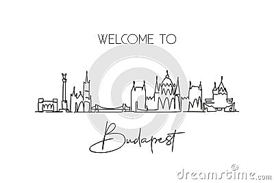 One continuous line drawing of Budapest city skyline, Hungary. Beautiful landmark postcard. World landscape tourism travel Vector Illustration