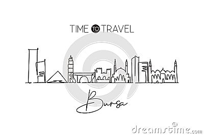 One continuous line drawing of Bursa city skyline, Turkey. Beautiful landmark postcard. World landscape tourism and travel Vector Illustration