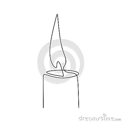 One continuous line drawing of candle lighted. Burning fire and melting candle isolated on white background. Light in the dark Vector Illustration