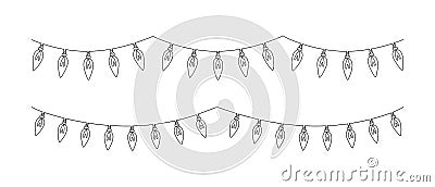 One continuous line drawing of Christmas garland with light bulbs. Festive festoon xmas string and divider border in Vector Illustration