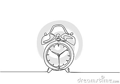 One continuous line drawing of classic analog desk alarm clock with big ring bell to tell the time. Table timepiece concept. Vector Illustration