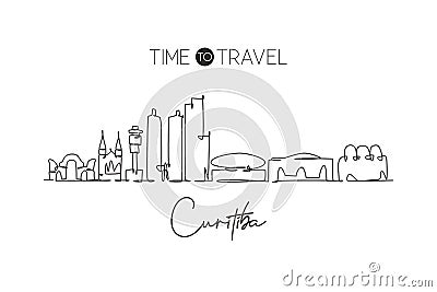 One continuous line drawing Curitiba city skyline, Brazil. Beautiful landmark postcard. World landscape tourism and travel Vector Illustration