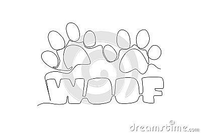 One continuous line drawing of cute adorable typography animal pet quote - Woof for puppy dog sound. Calligraphic design for print Vector Illustration