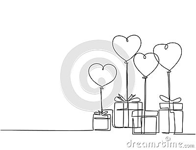One continuous line drawing of cute gifts box tied with ribbon tape and flying heart shaped gas balloon. Romantic marriage Vector Illustration