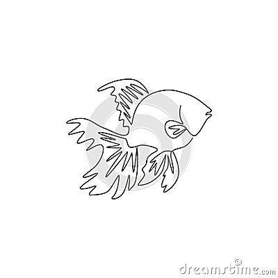 One continuous line drawing of cute goldfish for company logo identity. Freshwater fish mascot concept for aquarium tank icon. Vector Illustration