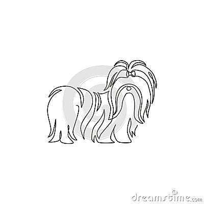 One continuous line drawing of cute shih tzu dog for pet salon logo identity. Purebred dog mascot concept for pedigree friendly Cartoon Illustration