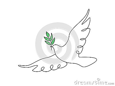 One continuous line drawing of dove of peace flying with green olive twig. Bird and branch symbol of peace and freedom Vector Illustration