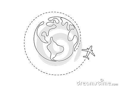 One continuous line drawing of Earth globe with airplane and dach path. Flight route on world map in simple linear style Vector Illustration