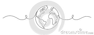 One continuous line drawing of Earth globe. World map and planet symbol in simple linear style. Travel and flight Vector Illustration