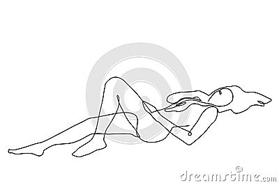 One continuous line drawing of Elegant silhouette of nude slender girl. Stylized image of woman. Stock Photo