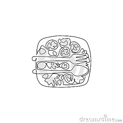 One continuous line drawing of fresh delicious salad restaurant logo emblem, from top view. Healthy organic food cafe shop Cartoon Illustration