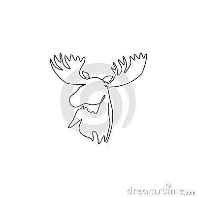 One continuous line drawing of gallant moose head for zoo logo identity. mascot concept for national conservation park icon. Vector Illustration