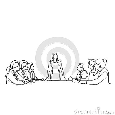 one continuous line drawing of group of young people as a worker talking and discussion at the meeting. A women as a leader gives Cartoon Illustration