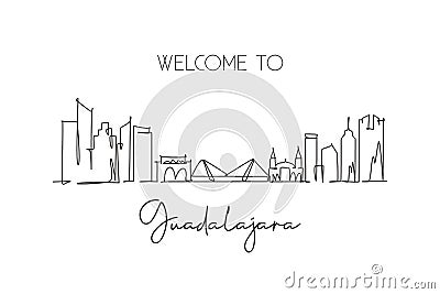 One continuous line drawing Guadalajara city skyline, Mexico. Beautiful landmark postcard. World landscape tourism travel vacation Vector Illustration