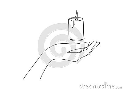 One continuous line drawing of hand holding candle. Symbol of prayer and church concept in simple linear style. Editable Vector Illustration