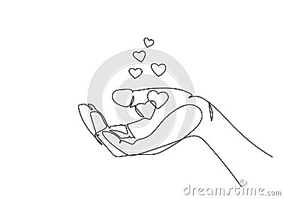 One continuous line drawing of hand holding the heart shape Vector Illustration