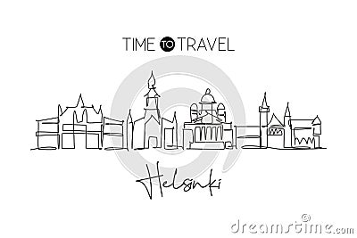 One continuous line drawing of Helsinki city skyline, Finland. Beautiful landmark. World landscape tourism travel vacation poster Cartoon Illustration