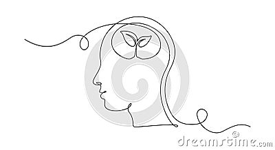 One continuous line drawing of human head with plant inside. Mental health and psychology vector concept. Creative ideas Vector Illustration