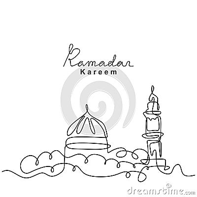 One continuous line drawing of islamic mosque, Ramadan Kareem handwritten lettering. Happy Eid Mubarak, Eid Fitr. Muslim religion Vector Illustration