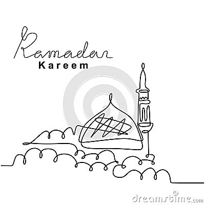 One continuous line drawing of islamic mosque, Ramadan Kareem handwritten lettering. Happy Eid Mubarak, Eid Fitr. Muslim religion Vector Illustration