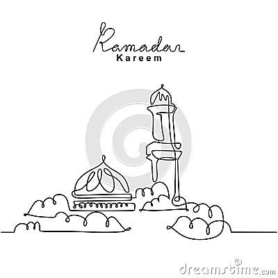 One continuous line drawing of islamic mosque, Ramadan Kareem handwritten lettering. Happy Eid Mubarak, Eid Fitr. Muslim religion Vector Illustration