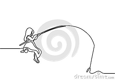 One continuous line drawing of little girl sitting on wooden jetty with fishing rod. Happy young girl trying fishing a fish. Vector Illustration