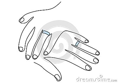 One continuous line drawing of male and female hands showing engagement rings. Happy young couple love marriage symbol. Ring Cartoon Illustration