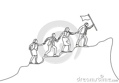 One continuous line drawing of male and female team member stick together follow their leader who holds flag to reach the top Vector Illustration