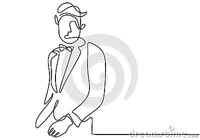 One continuous line drawing of Men`s jacket with bowties. Young male with a party dresscode in elegant style isolated on white Vector Illustration