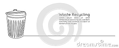 One continuous line drawing of metallic garbage container. Recycling waste dustbin in simple linear style. Trash box Vector Illustration