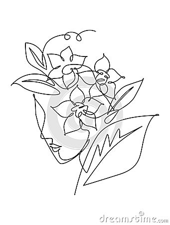 One continuous line drawing minimalist beauty nature cosmetic hairstyle. Flower bouquet in woman head abstract face concept. Wall Vector Illustration