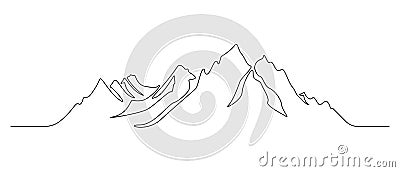 One continuous line drawing of mountain range landscape. Rocky peaks with snow and mounts in simple linear style. Winter Vector Illustration