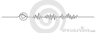 One continuous line drawing of music player soundbar with play button. Record audio and sound wave voice message in Vector Illustration