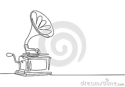 One continuous line drawing of old retro analog gramophone with vinyl desk. Antique vintage music player concept. Musical Vector Illustration