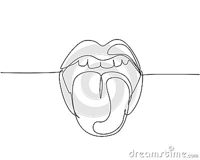 One continuous line drawing of old retro classic iconic logo lips and tongue from 80s era. Vintage icon item concept single line Vector Illustration