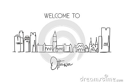 One continuous line drawing Ottawa city skyline, Canada. Beautiful landmark postcard. World landscape tourism and travel vacation Vector Illustration