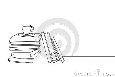 One continuous line drawing of pile of books and a cup of coffee on office desk. Work space table with books stack concept Vector Illustration