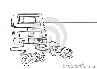 One continuous line drawing of retro old classic arcade video game player with controller. Vintage console game item concept Vector Illustration