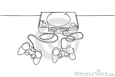 One continuous line drawing of retro old classic arcade video game player with joystick. Vintage console game item concept single Vector Illustration